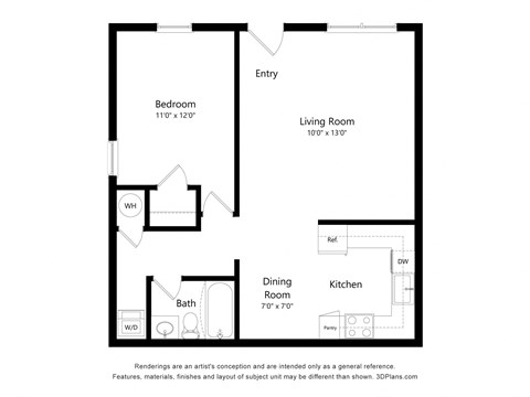 a floor plan of a studio apartment with a bedroom and a living room